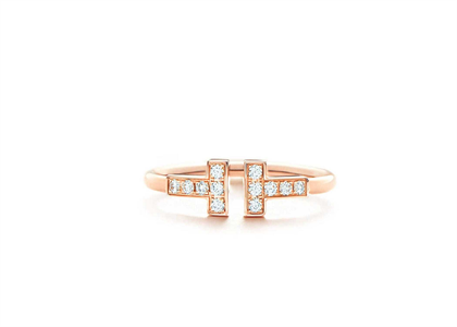 CZ Studded Double Bar T Ring with Rose Gold Plated
